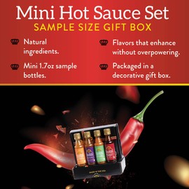 Mini Hot Sauce Variety Gift Set by Tabanero: Peach Burbon, Siracha Honey, Key Lime Habanero, Sweet & Spicy, All Natural, Gluten Free, Low Sodium, Vegan, Kosher, Made in the USA, 4-Pack, 1.7 oz Bottles