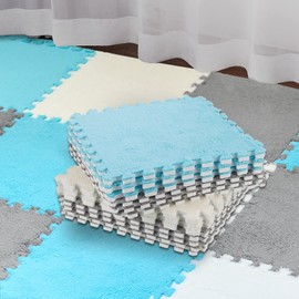 Amylove 36 Pcs Plush Foam Floor Mat Square Interlocking Carpet Tiles with Border Fluffy Play Mat Floor Tiles Soft Climbing Area Rugs for Home Playroom, 12 x 12 x 0.4 Inch (White, Gray and Dark Blue)
