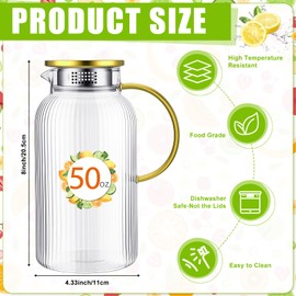 Honeydak 3 Pack 1.5 Liters/50 oz Glass Pitcher with Lid and Handle, Heat Resistant Spout Glass Water Pitcher Carafe with Food Grade Leakproof Silicone for Hot/Cold Drinks Water Fridge Beverage Parties