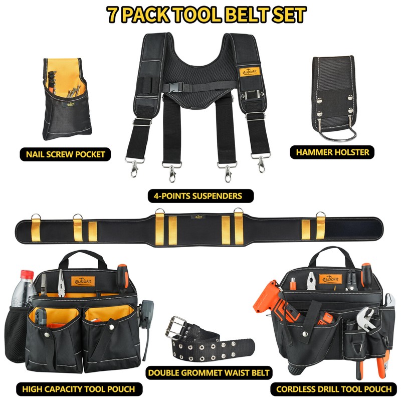 Aupofit Comfortable Tough Thick 7-Piece Tool Belt with Suspenders 32