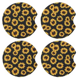 Tupalizy 4PCS Cute Car Cup Holder Coaster Insert for Drinks Absorbent Universal Small Anti Slip Cup Pads Mats with Finger Notch for Women Men Automotive Car Interior, 2.6 Inch, Black Sunflower Print