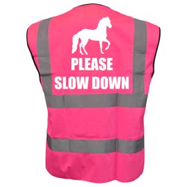Bright Pink High Visibility Vest with White Text PLEASE SLOW DOWN WITH IMAGE- HORSE RIDING By Brook Hi Vis Medium