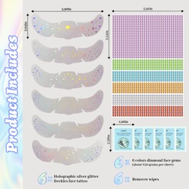 Noerrors 6pcs Holographic Silver Glitter Freckles Face Tattoo&Rainbow Rhinestones Face Jewels,Multichrome Temporary Fake Faux Freckles Patches Sparkle Cute Speckles Multicolor Makeup Accessories