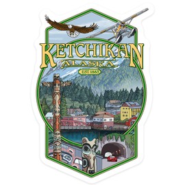 Die Cut Sticker Ketchikan, Alaska, Montage, Contour Vinyl Sticker 3 to 6 inches, (Waterproof Decal for Cars, Water Bottles, Laptops, Coolers), Large