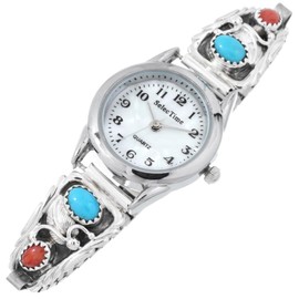 Pretty Navajo Sleeping Beauty Turquoise Coral Silver Watch Ladies Sterling Bracelet Style 1352