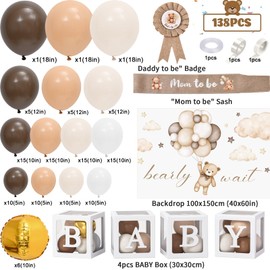 Mishopy 138 Teddy Bear Baby Shower Decorations Netrual, Brown White Balloons Garland Arch Kit Badge Sash Bearly Wait Backdrop Baby Boxes with Letters, Boy Girl Baby Shower Decorations Decor