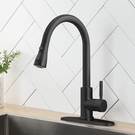 Black Kitchen Faucet with Sprayer, High Arch Pull Down Sprayer Matte Black Kitchen Faucet, Swivel Single Lever Stainless Steel Kitchen Sink Faucet with Deck Plate