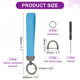 sourcing map Leather Wristlet Keychain Car Key Chain Wristlet for Women, 7 Inch Key Fob Holder with D Ring and 2 Key Ring for Keys Wallets Purse, Black/Sky Blue