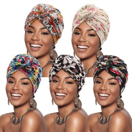 DRESHOW 5 Pack Knotted Headwraps for Women African Turban Pre-Knotted Beanie Headwraps Hair Covers