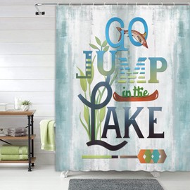 Xguatan Rustic RV Shower Cabin Curtain, Go Jump in The Lake Fish on Teal Wooden Shower Curtain, Fabric Farmhouse Country Lakeside Cottage Shower Curtain for Bathroom 12PCS Hooks, 70X70IN