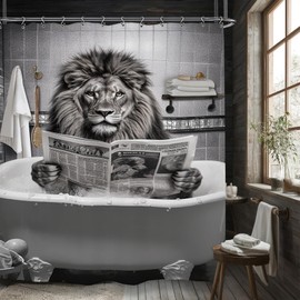 Yookeb Lion Funny Bathroom Shower Curtain 60W by 71H Inch Cool Animal Man Hilarious Farmhouse Wildlife Rustic Newspaper Polyester Fabric 12 Plastic Hooks Waterproof Decor