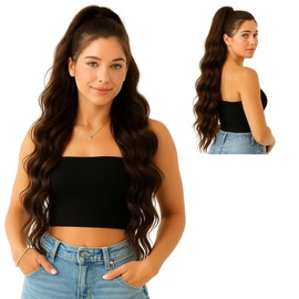 Drawstring Ponytail Hair Extension, Wavy Straight, 27,5 inch, Premium Bio Protein Synthetic Fiber Hair, Heat Resistant, Soft and Lightweight, Human Hair Texture, Model Emily (Dark Brown)