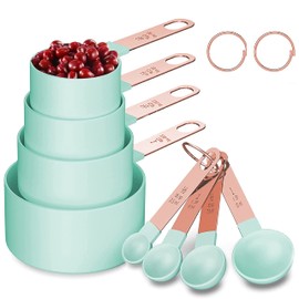 Rose Gold Stainless Steel Handle Measuring Cups and Spoons Set, 8 Piece Stackable Accurate Tablespoon for Measuring Dry and Liquid Ingredients Small Teaspoon with Plastic Head (Green)