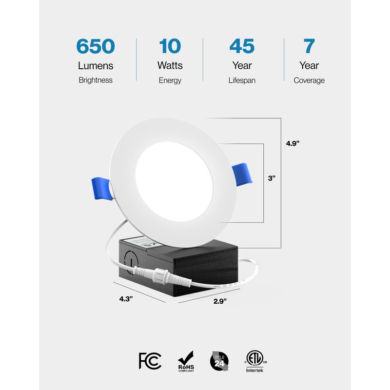 Sunco 6 Pack 4 Inch LED Recessed Lights, Slim Canless