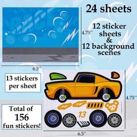 Tribello Make Your Own Sticker Scene Mini - 12 Kit Race Car Stickers DIY for Kids Activities Party Favors Themed Birthday - Stationary Arts & Crafts Craft