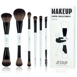 Jessup Set Brochas de Maquillaje 6pcs Brochas de Doble Punta para Rostro y Ojos Pincele Maquillaje Base,Sombra de Ojos,Contorno,Rubor,Iluminador, Difuminado,Cepillo de Cejas, Cian Brillante T501