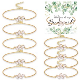 10 Sets Bridesmaid Gifts Leaf Bridesmaid Bracelets with Gifts Cards Tiny Zirconia Leaf Adjustable Bridal Bracelet Crystal Bracelet for Women (Gold)