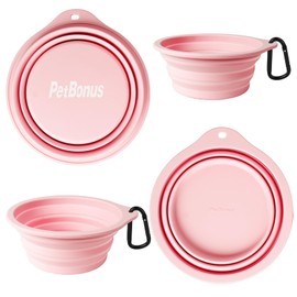PetBonus 2-Pack Silicone Collapsible Dog Bowls, BPA Free Dishwasher Safe, Portable Foldable Expandable Travel Bowl, Food Water Feeding Cup Dish for Dogs Cats with 2 Carabiners （Grey, Chalk Pink）