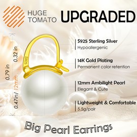 HUGE TOMATO Pearl Drop Earrings, 12mm Elegant Big Pearl Earrings 925 Sterling Silver 14K Gold Plated Clasp for Women Fashion, Dangle Hoop Earrings for Gift
