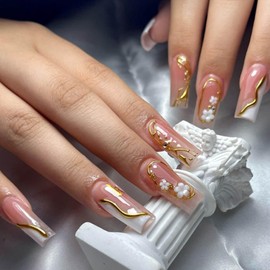 Gifiky 24Pcs French Tip Press on Nails - Medium Square False Nails with 3D Relief Daisy Design, Elegant & Natural Gradient Fake Nails for Women,Reusable Glue on Nails Full Cover Tips