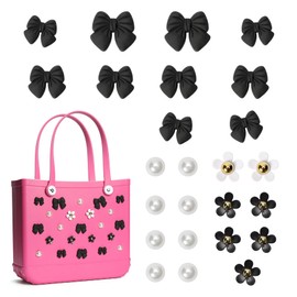 SANUIU 25Pcs Black Rubber Bow Charms for Beach Bags, Cute Bow Accessories with Acrylic Flowers, Pearls for Totes, DIY Decorative Charms for Rubber Bags