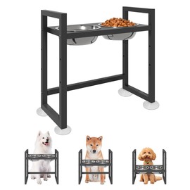 Elevated Dog Bowls Stand with 2 Stainless Steel Food & Water Bowls for Large Medium Small Dogs, Adjustable Raised Dog Bowl with Non-Slip Plastic Sucker for Pet,Black
