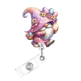 Easter Badge Reel,Cute Pink Gnome Easter Eggs Acrylic Badge for ID Card Badge,Telescoping Retractable Badge Holder Alligator Clip Accessories for Nurse,Medical Worker,Nursing Student,Teacher