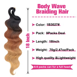 Unionbeauty Body Wave Braiding Hair 18 Inch 9 Packs Pre-Feathered Brading Hair for Box Braids Crochet Braiding Hair Ombre Brown French Curl Wavy Crochet Braids Hair Synthetic Hair Extensions(1B3027#)