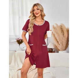 FIOPHY Women Zipper Robe Short Sleeve Bathrobe Lightweight Sleepwear Color Block Housecoat Nightgown with Pockets Wine Red S