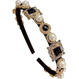 Crystal Headband Vintage Gemstone Pearl Delicate Bridal Rhinestone Hair Hoop for Women and Girls (Black, One size)