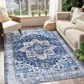 GAOMON 9x12 Area Rug Large Vintage Distressed Machine Washable Area Rug for Living Room Traditional Medallion Non-Slip Stain Resistant Accent Rug Carpet for Home Decor Floor Decoration, Blue