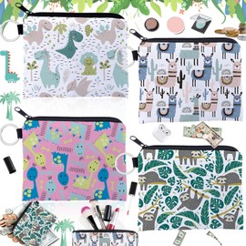 Benaton 4 Pieces Zipper Canvas Small Purse, Children's Coin Bag, Animal Cartoon Cute Coin Bag with Zip Design, for Cosmetic Key Chain, Money Cards, Colourful, Modern