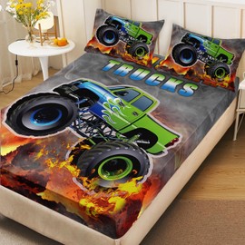 AILONEN Cartoon Green Trucks Fitted Sheet Set Twin XL Size, Monster Trucks Bedding Set for Kids Boys,Extreme Sports Trucks Bed Sheet Set,3 Pieces,1 Fitted Sheet and 2 Pillowcases