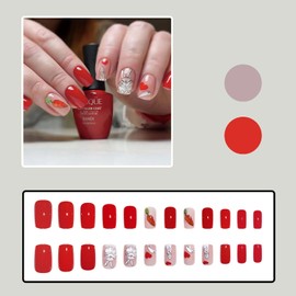 24 Pcs Easter Press on Nails Short Square OLIUKJU Bunny Fake Nails Cute Rabbit Designs Acrylic Press on Nail Red Full Cover False Nails Glue on Nails for Women Girls