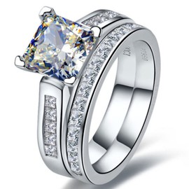 Solid Silver Jewelry 2CT Princess Cut NSCD Diamond Rings Set Bridal Women (7.5)
