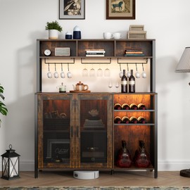 Loomie Wine Bar Cabinet with LED Lights, Industrial Coffee Bar with 3 Storage Compartments & Wine Rack &Glass Holder,Sideboard Buffet for Liquor and Glasses,Liquor Cabinet,Rustic Brown