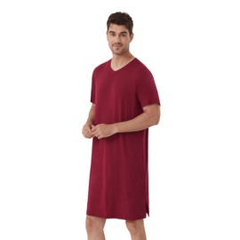 WiWi Men's Nightshirt Short-Sleeve Nightgown Viscose from Bamboo Soft Loose V-Neck Sleepwear Nightwear Sleepshirt Gowns S-XXL, Wine, Small