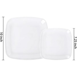 PULOTE 100PCS White Plastic Plates - White Square Disposable Include 50 Dinner 10 inch & 50 Dessert 7.25inch Plates, Ideal for Party & Wedding
