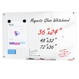 Magnetic Glass Whiteboard 36x24 Inch Frameless Dry Erase Board With Marker Tray For Office Home School UseColor: Normally White Color, Size: Size 36 x 24