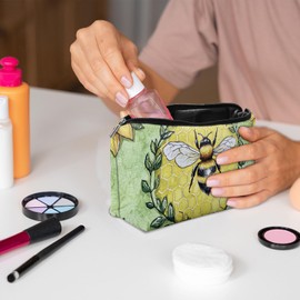 KUJKBFWJ Unique Cosmetic Bag with Pink Square Mirror, Great Gifts for Women Mom, Elegant Roomy Makeup Bags with Zipper, Travel Waterproof Toiletry Bag Gifts, Sunflower and Funny Bee