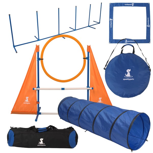 SparklyPets Dog Agility Training Equipment Set for Indoor & Outdoor – Complete Dog Agility Equipment for Dogs – Dog Agility Course with Weave Poles, Pause Box, Tunnel, Tire & Hurdle Jump (Orange&Blue)
