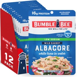 Bumble Bee Low Sodium Chunk White Albacore Tuna in Water, 2.5 oz Pouches (Pack of 12) - Ready to Eat Wild Caught Tuna Packet - 16g Protein per Serving, High in Omega-3s - Non-GMO, Gluten Free, Kosher