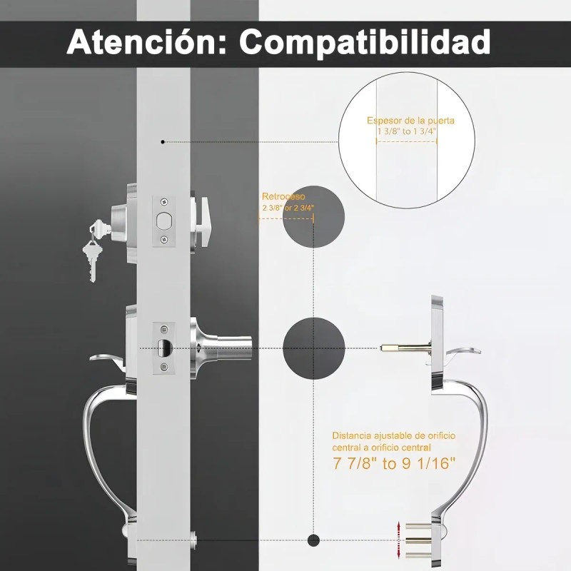 Cerradura Principal Banna Manejable Plateado Cromado Extensible para Puerta 3