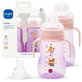 MAM - Taza de entrenamiento de plástico, con boquilla extra suave, pezón sin derrames y asas antideslizantes, para niñas de más de 4 meses, ocho onzas