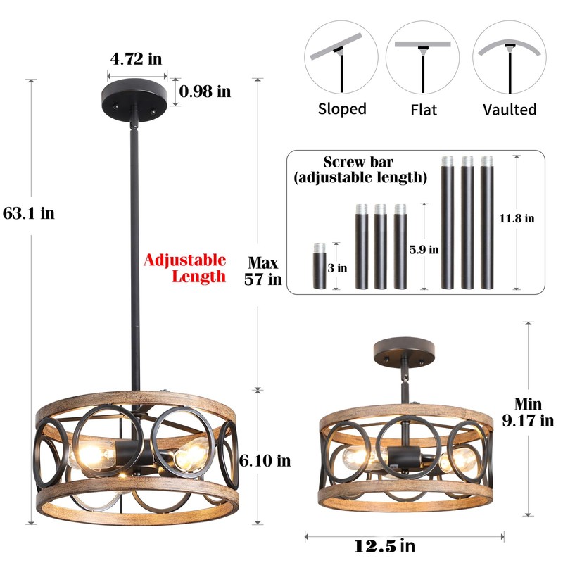 Galtlap Semi Flush Mount Ceiling Light, 3-Lights Modern Farmhouse Ceiling