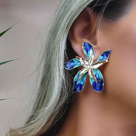 Cimenexe Bohemian Enamel Flower Stud Earrings Blue Enamel Flower Petal Earrings Large Metal Flower Earrings Exaggerated Flower Earrings Jewellery for Women and Girls Gifts, Zinc, No Gemstone