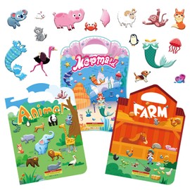 3D Puffy Sticker Books for Toddlers 1-4 | Reusable Animal, Farm & Mermaid Dress-Up Activity Book Set | 200+ Safe Stickers for Girls Ages 2-5 (3 Books)