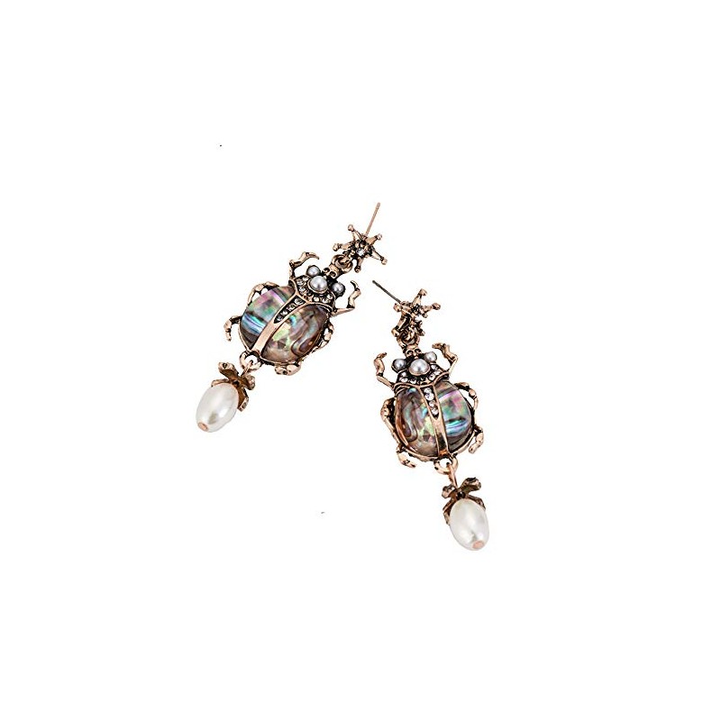 Vintage Bug Insect Beetle Dangle Earrings Abalone Shell Crystal Pearl