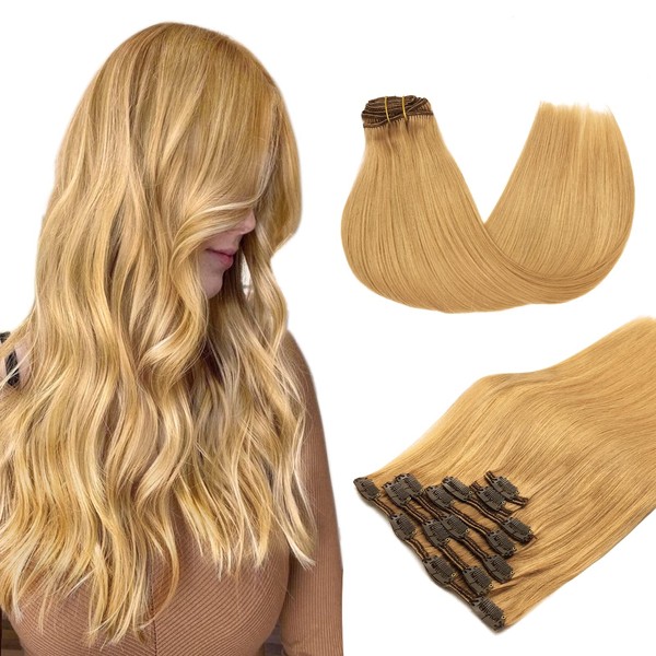 MAXITA Clip-In Real Hair Extensions, 35 cm / 14 Inches, 120 g, 7 Pieces, Dirty Blonde, Real Hair Extensions Clip, Remy Clip-In Hair Extensions Real Hair Extensions