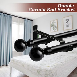 Double Curtain Rod Bracket, Heavy Duty Curtain Rod Holders 1 Inch Black Curtain Rod Hangers Hooks for Wall, Vintage Curtain Rod Double Brackets Support, 4 Pack